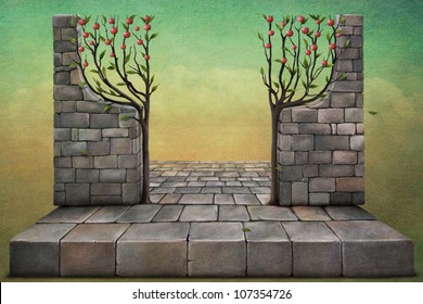 Plate   the wall and apple trees  illustration background for  card poster  Computer Graphics 