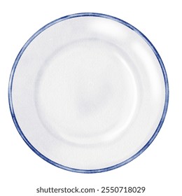 Plate watercolor. Hand drawn porcelain dish with blue border on isolated white background. Clip art tableware. Ideal for restaurant menus, recipe books and advertising posters - Powered by Shutterstock