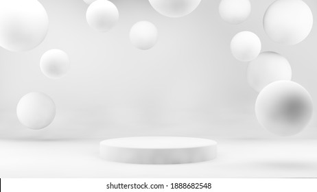 Platform With Floating Spheres White Product Presentation Background 3d Rendering