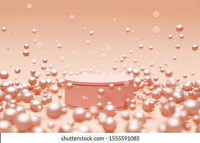 platform pink makeup stand display stick short round circle product powder float low standing podium advertisement sweet girl small point sale sell pearl treasure skincare glow white. 3D illustration.