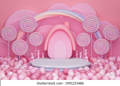 platform pink pastel stand display advertisement cute candy background baby concept sweet shop lollipop birthday theme. oven dessert house rainbow caramel and cloud marshmallow. 3D Illustration. - Powered by Shutterstock