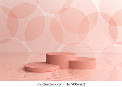 Platform Pink Stand Stick Short Round Circle Product Float Low Standing Podium Advertisement Sweet Girl Small Point Sale Sell Design Ripple Liquid Cream Serum Skin Skincare Glow White 3D Illustration.