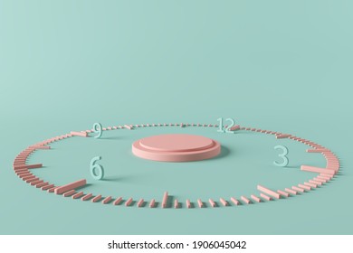 Platform Pink Time Clock Tick Indefinite Continued Progress Existence Event Occur Present At The Moment Stand Display Concept Advertisement Commercial Past Present Future Sequence. 3D Illustration.