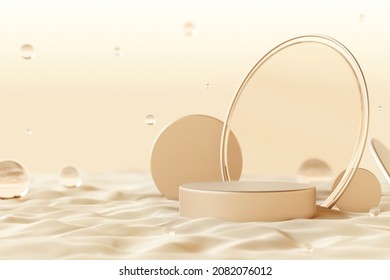 Platform Podium Beach Desert Luxury Elegant Counter Brand Circle Concept Surface Ring Sand Bubble Glass Display Backdrop Float Beige Gold Light. Cosmetic Beauty Products Or Skincare. 3D Illustration.