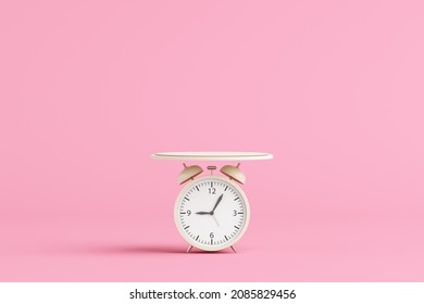 Platform And Podium Cylinder Float Pink Pastel Cute Kids Minimal. Weight Scale Timetable Stand Product Display Clock Alarm Awake Alert Of Working. Pedestal Fashion Cosmetic Or Beauty. 3D Illustration.