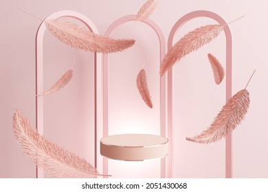 Platform and podium girl pink light baby luxury feather angel feminine concept stand product display commercial arch scene style backdrop. pedestal placing fashion cosmetics skincare. 3D illustration.