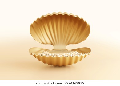 Plataforma y podio lujosa y elegante madre de cáscara de perlas con perlas de oro rosa sobre fondo dorado. La publicidad peatonal muestra productos cosméticos, de cuidado de la piel y de belleza. ruta de recorte. Ilustración 3D.