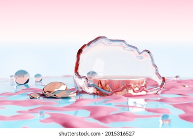 Platform And Podium Rose Gold Beach Pink Water Blue Pastel Display Advertisement Cute Sweet Background Baby Concept. Showcase Place Fashion Cosmetic And Beauty Products Or Dessert. 3D Illustration.