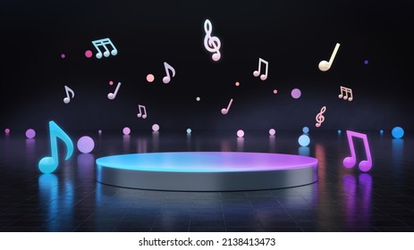 The Platform For Product Showcase In The Dark Background With A Colorful Musical Note.3D Rendering.