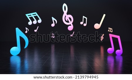 The platform for the product is a showcase in the dark background with a colorful musical note.3D rendering.
