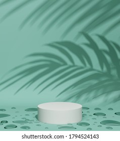 Platform Shadow Podium Product Commercial Display Fresh Clean Mint Concept Cool Advertisement Cosmetic Skincare Green Light Shadow Summer Vibe Palm Leaves Water Droplets Drop Puddle. 3D Illustration.