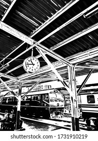 The Platform of the train station illustration creates a black and white style of drawing.