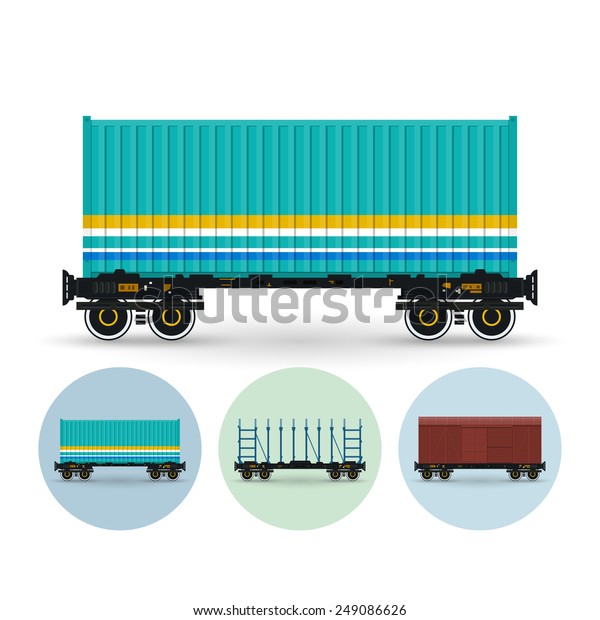 Platform for transportation of containers by\
rail. Set of three round colorful icons container platform, railway\
platform, covered freight\
car