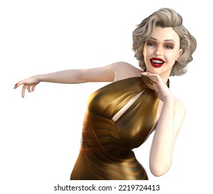 Platinum blonde woman wear retro fashion golden dress, 3D Illustration.
