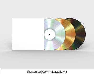 Platinum, Gold And Black Vinyl Records And White Paper Case. 3D Illustration.