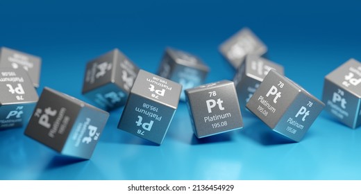 Platinum (Pt) is very heavy and chemically resistant precious metal, used in glass, chemical and pharmaceutical industries. Promotional education periodic symbol element 3D render.