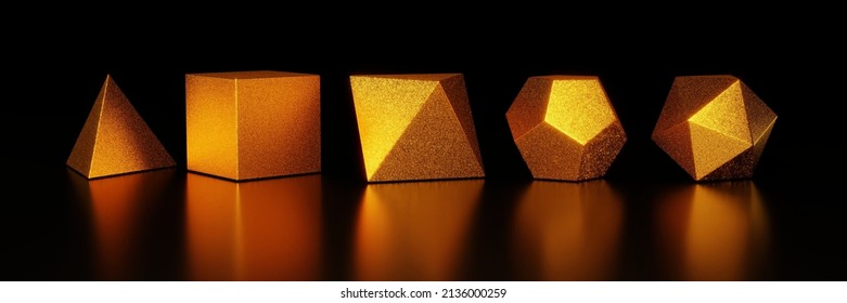 Platonic solids - tetrahedron, cube, octahedron, dodecahedron and icosahedron (assortment of golden glittery polyhedra, black background, 3d render)