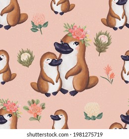 Platypus Mom With Baby. Seamless Pattern With Digital Hand Drawn Illustrations With Australian Theme Animals