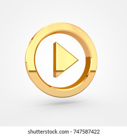 Play Button. 3d Render Of Golden Button Isolated On White Background.