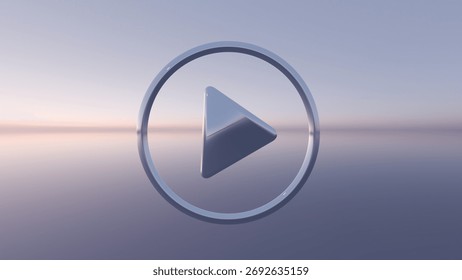 A play button icon is centered on a smooth gradient background of soft hues as the sun sets over tranquil waters. The peaceful atmosphere evokes a sense of calmness and anticipation.