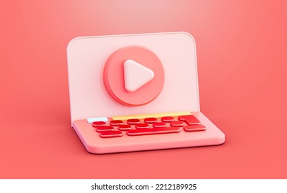 Play Button On Laptop Screen 3d Illustration For Video Media Player Live Webinar Or Online Training