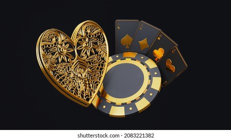 Play Card Icon, Traditional Embroidery Play Card Symbols, Poker Chip And Aces. Black And Golden Isolated On The Dark Background. 3d Rendering