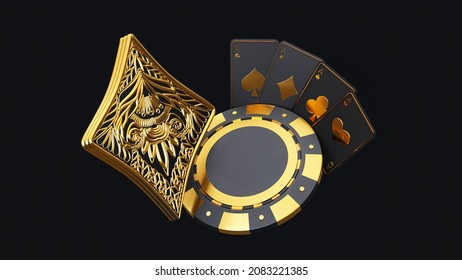 Play Card Icon, Traditional Embroidery Play Card Symbols, Poker Chip And Aces. Black And Golden Isolated On The Dark Background. 3d Rendering