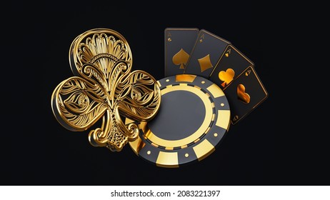 Play Card Icon, Traditional Embroidery Play Card Symbols, Poker Chip And Aces. Black And Golden Isolated On The Dark Background. 3d Rendering