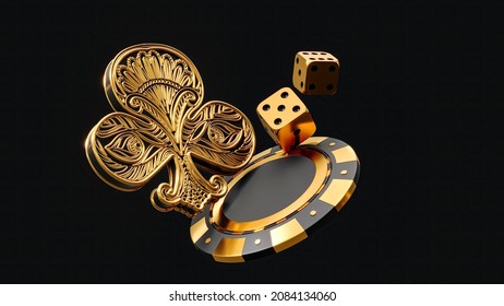 Play Card Icon, Traditional Embroidery Play Card Symbols, Poker Chip, Dices And Ace. Black And Golden Isolated On The Dark Background.  Casino Game Gambling Concept, Poker Mobile App 3d Rendering