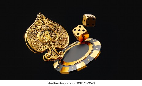 Play card icon, traditional embroidery play card symbols, poker chip, dices and ace. Black and golden isolated on the dark background.  Casino game gambling concept, poker mobile app 3d rendering - Powered by Shutterstock