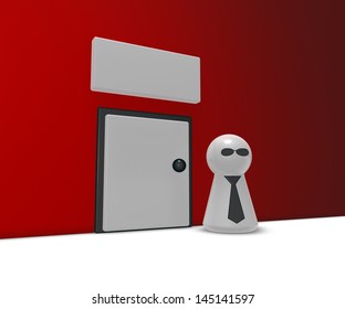play figure with tie in front of a door - 3d illustration