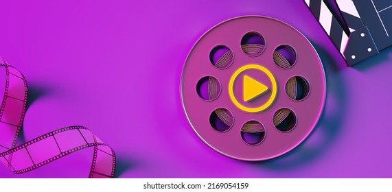 Play Film Roll Movie Clapper Board And Film Strip Purple Entertainment Media Theatre Cinematic Style Genre Thriller Romance Drama Watch Online Streaming Internet Video Cinematography. 3D Illustration.