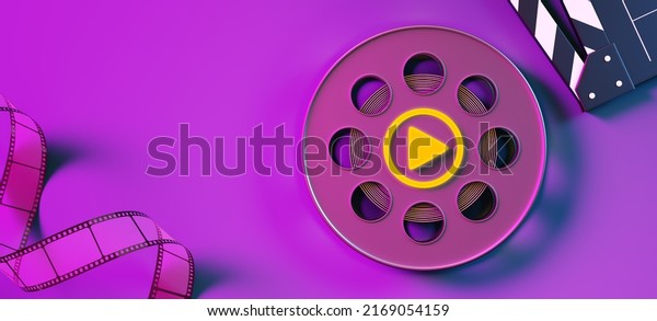 play film roll movie clapper board and film\
strip purple entertainment media theatre cinematic style genre\
thriller romance drama watch online streaming internet video\
cinematography. 3D\
Illustration.