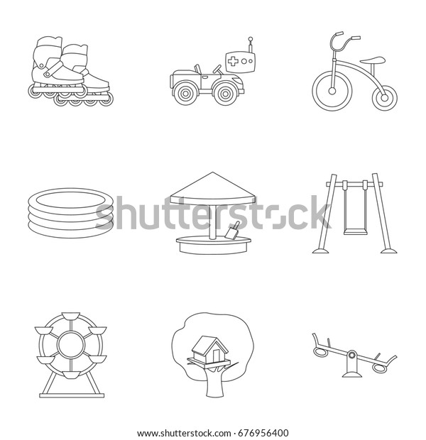 Play garden set\
icons in outline style. Big collection of play garden bitmap,\
raster symbol stock\
illustration