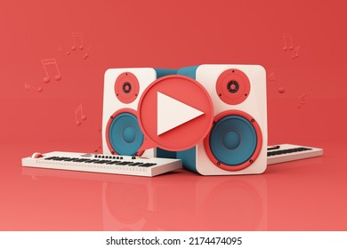 Play Music Symbol Surrounded By Speakers, Piano Keyboard, Smart Phone With Song Play List And Music Key Note Isolated On Pastel Background. 3d Rendering