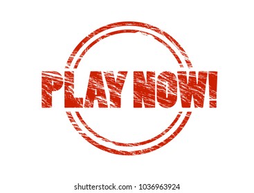 play now! red vintage rubber stamp isolated on white background