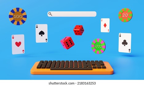 Play Online Casino Poker And Craps And Win A Lot Of Money With Internet Gambling. 3d Rendering With Blue Background.