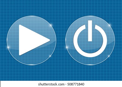 Play and standby transparent shiny buttons. On blueprint background. 3d illustration