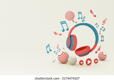 Play Symbol Surrounded By Speakers, Headphones, Smart Phone With Song Play List And Music Key Note Isolated On Pastel Background. 3d Rendering