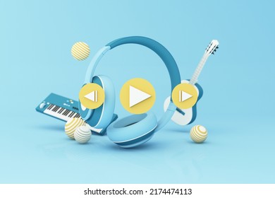 Play Symbol Surrounded By Speakers, Headphones, Smart Phone With Song Play List And Music Key Note Isolated On Pastel Background. 3d Rendering