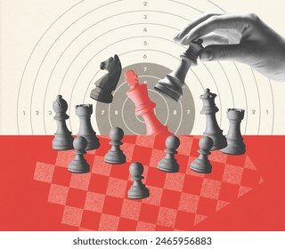 A player checkmates the king, target in the background, chess game and strategy concept, vintage style poster