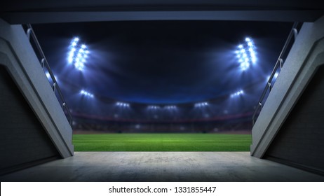 Player Entrance To Illuminated Stadium Full Of Fans, Football Stadium Sport Theme Digital 3D Background Advertisement Illustration My Own Design