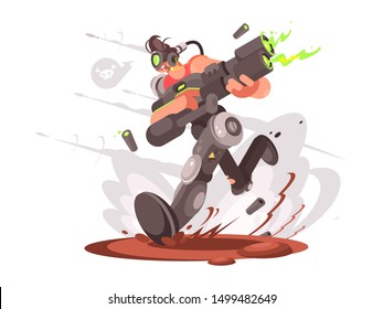 Player Gamer Guy Runs With Blaster In Virtual World. Illustration