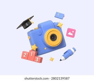 A playful 3D illustration featuring a camera graduation cap podium book pen and picture icon offering a cheerful mood.back to school and education.3d render