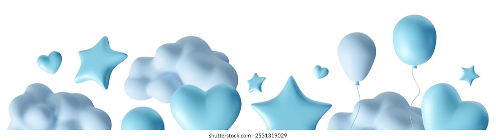 Playful Its a Boy themed footer design featuring blue hearts, stars, clouds and balloons. Ideal for baby shower invitations, birth announcements and festive decorations. Bottom border. 3D Illustration - Powered by Shutterstock