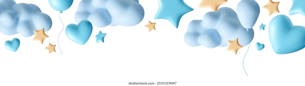 Playful Its a Boy themed header design featuring blue hearts, stars, clouds and balloons. Ideal for baby shower invitations, birth announcements and festive decorations. Top border. 3D Illustration - Powered by Shutterstock