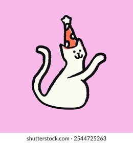 Playful cartoon cat with a party hat on a pink background. The cat is white, wearing a festive hat. Cartoon cat celebrating with a party hat on pink background. - Powered by Shutterstock