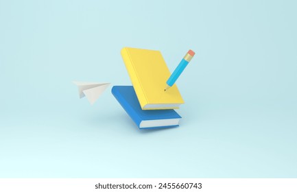 A playful and colorful composition of school supplies with a pencil, books, and a paper plane set on a light blue background. 3D illustration. - Powered by Shutterstock