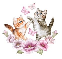 Playful Cute Kittens In A Flower Arch. Pink Butterflies. Spring Flowers And Jumping Cats Isolated On White Background. Watercolor Illustration