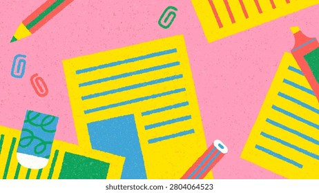 A playful, flat lay illustration featuring colorful stationery items like pencils, paper, and paperclips scattered on a textured pink surface.
